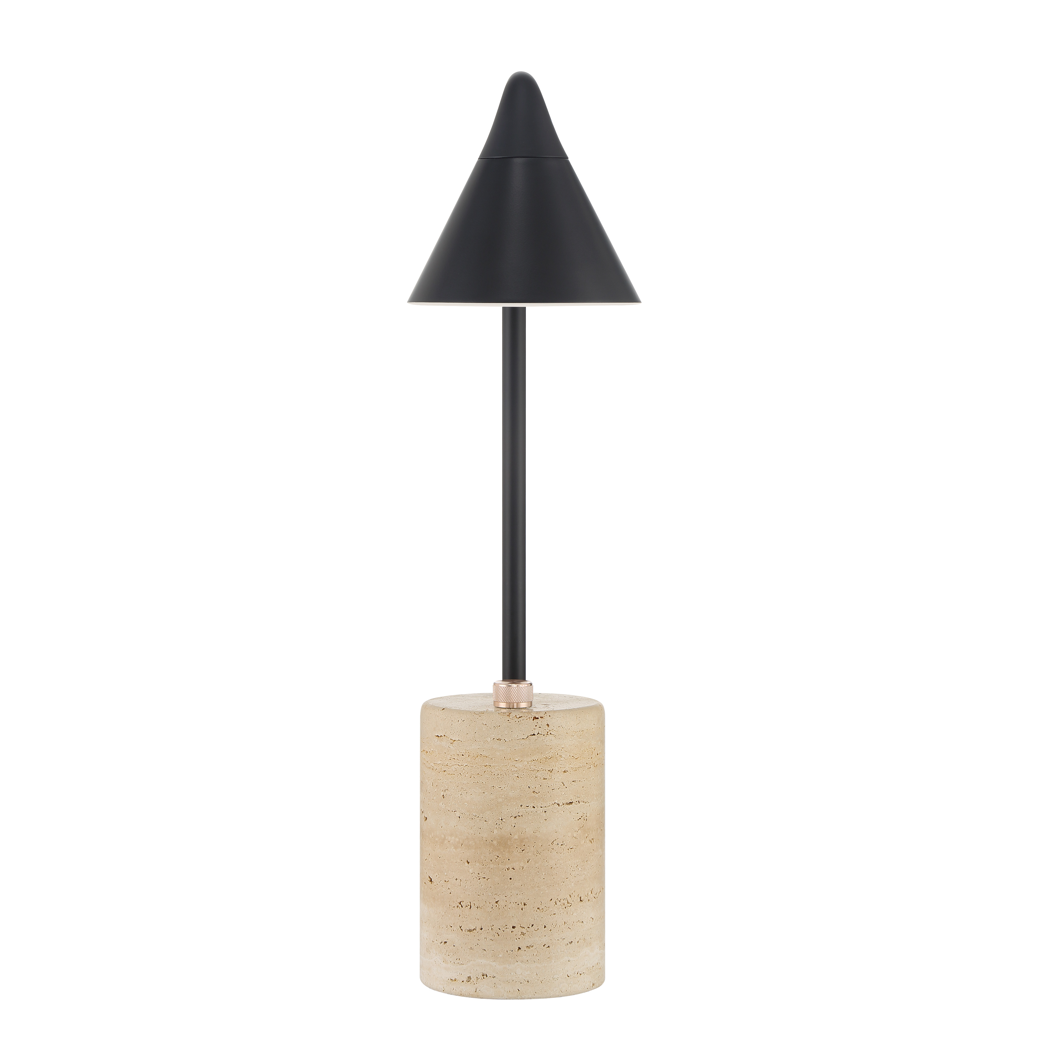 This sophisticated table lamp combines traditional elegance with modern LED technology. The coal black finish paired with a luxurious travertine stone base creates a timeless look, while integrated LED provides energy-efficient illumination. - alternate view