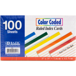 Ruled Color-Coded Index Cards, 3" x 5", 100 Ct