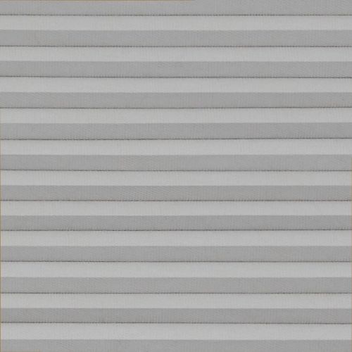 Horizontal pleated cellular blinds, fully lowered across the frame, their alternating light-and-dark gray folds closed, blocking view and softly diffusing daylight in a neutral, evenly lit interior.