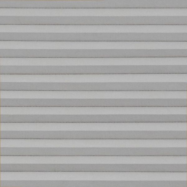Horizontal pleated cellular blinds, fully lowered across the frame, their alternating light-and-dark gray folds closed, blocking view and softly diffusing daylight in a neutral, evenly lit interior.
