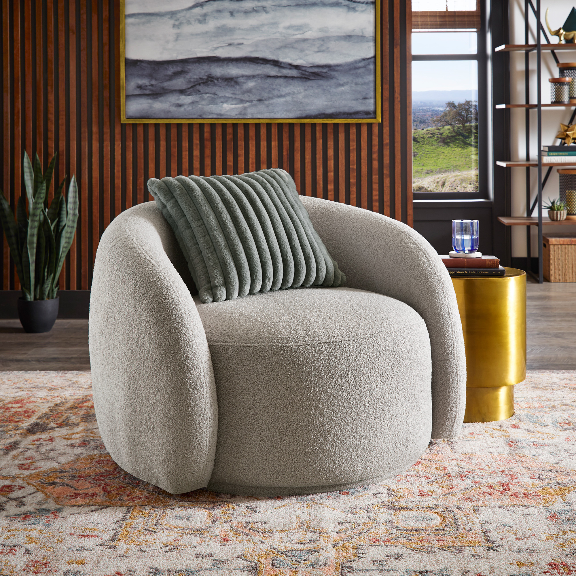 Modern Boucle Accent Chair with Cloud-Like Curved Design and Furry Channel Pillow