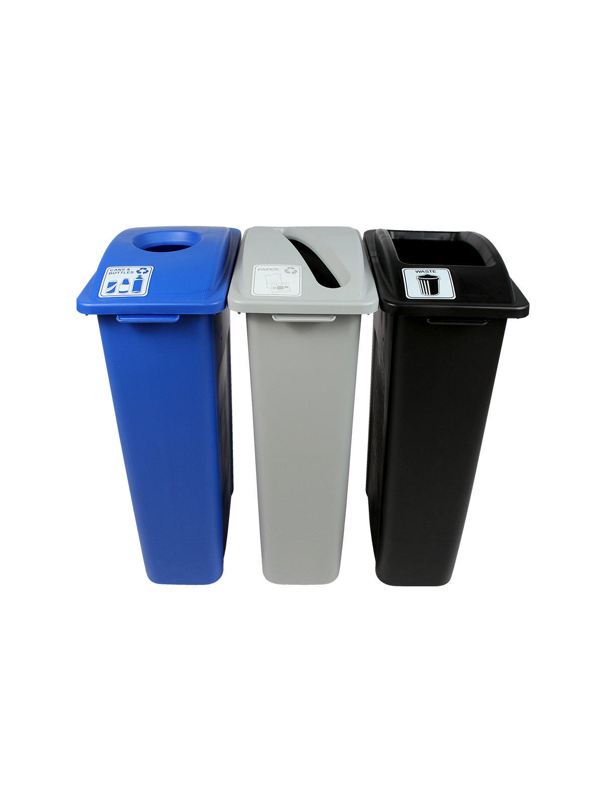 WASTE WATCHER – Triple – Kit – Cans & Bottles-Paper-Waste – Circle-Slot-Full – Blue-Grey-Black