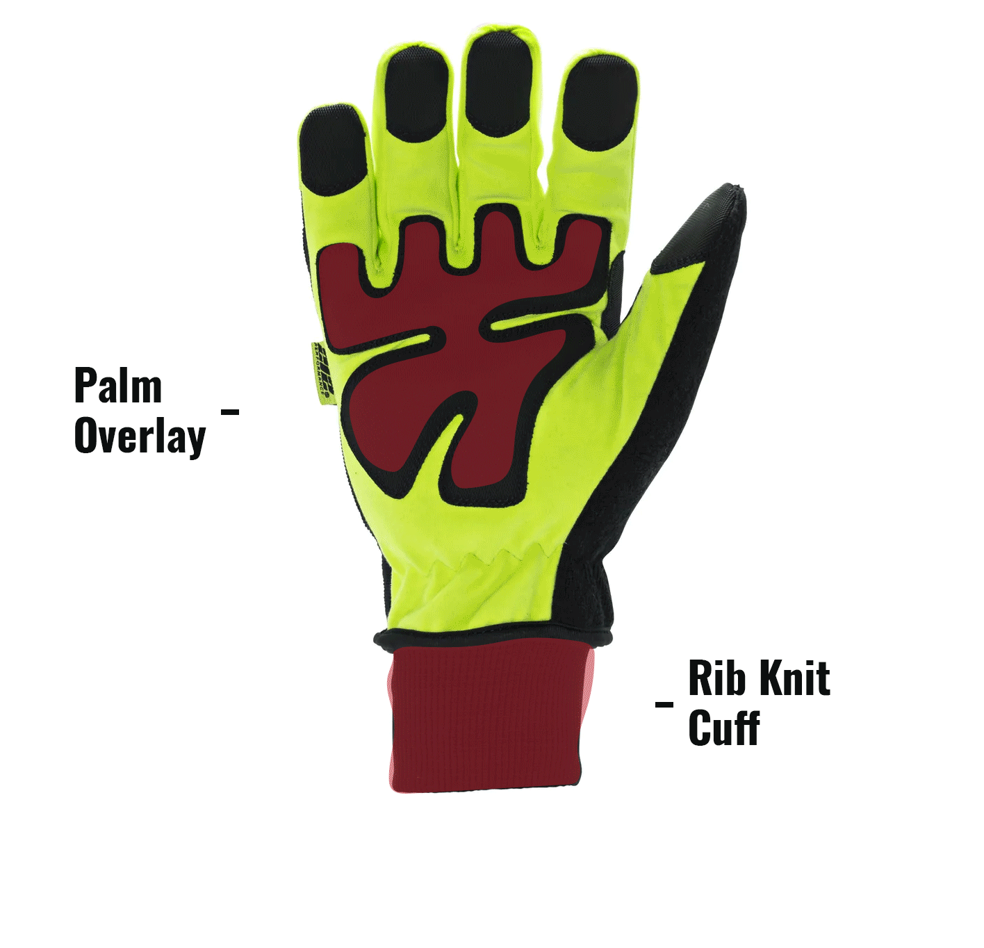 Waterproof Fleece Lined Impact Protective Tundra Winter Work Gloves in Black and Hi-Viz Yellow TUNHWP showing Palm Overlay and Rib Knit Cuff