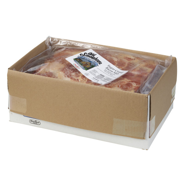 OLD SMOKEHOUSE(r) Bacon, Sugar Cured, 1/2 Slab, 4pc GCF . C1RM - Front Right Open Case (Hi Res)