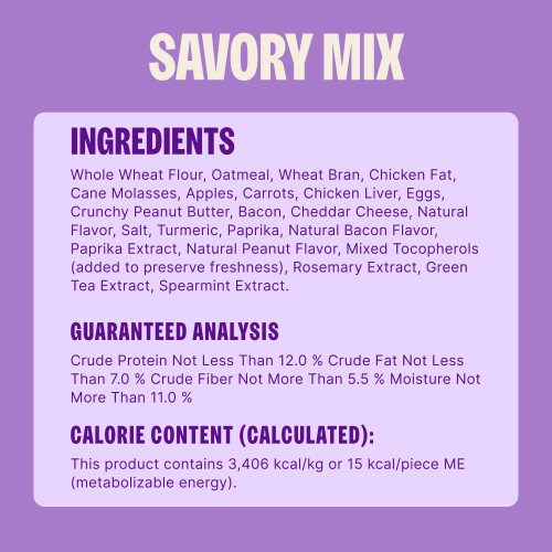 Whole Wheat Flour, Oatmeal, Wheat Bran, Chicken Fat, Cane Molasses, Apples, Carrots, Chicken Liver, Eggs, Crunchy Peanut Butter, Bacon, Cheddar Cheese, Natural Flavor, Salt, Turmeric, Paprika, Natural Bacon Flavor, Paprika Extract, Natural Peanut Flavor, Mixed Tocopherols (added to preserve freshness), Rosemary Extract, Green Tea Extract, Spearmint Extract.