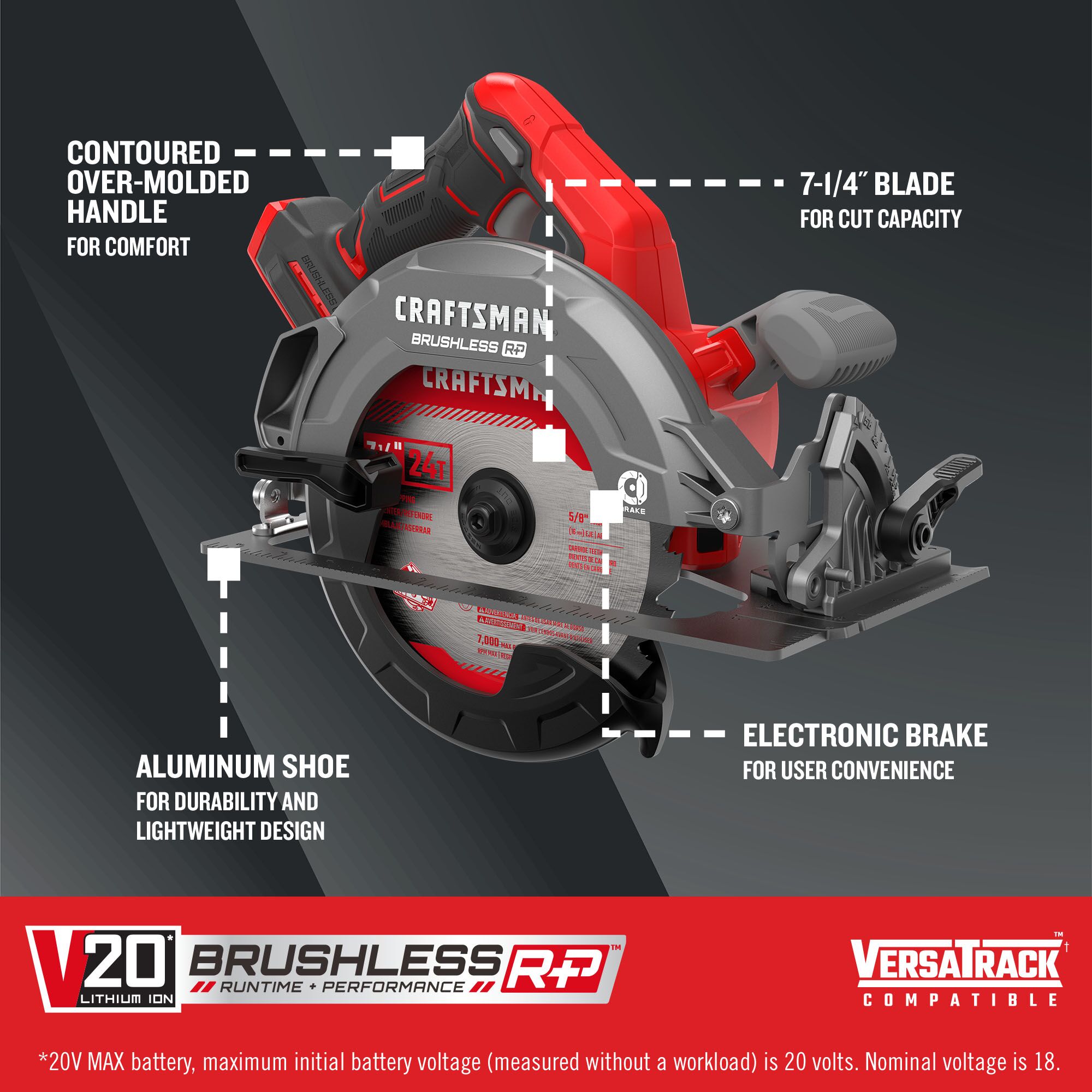 V20 Brushless RP Circular Saw Saw (Tool Only) On dark background