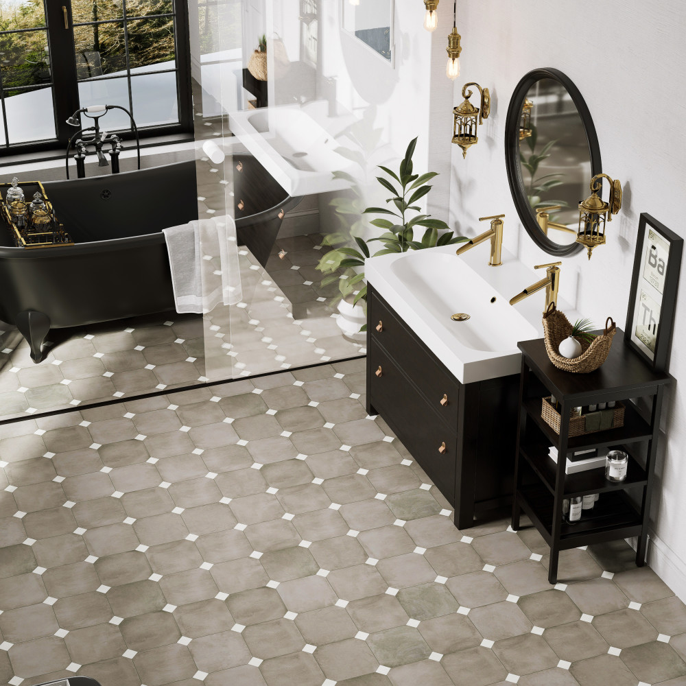 Laverton Octagon Grafito with Taco Nieve 7-7/8 in. x 7-7/8 in. Porcelain Floor and Wall Tile