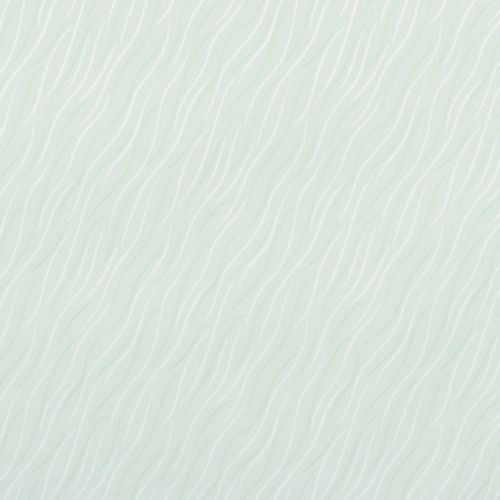 Patterned wallpaper covering a wall, pale mint with repeating undulating white and light-green wavy lines; creating a subtle ripple effect across an evenly lit, neutral interior surface.