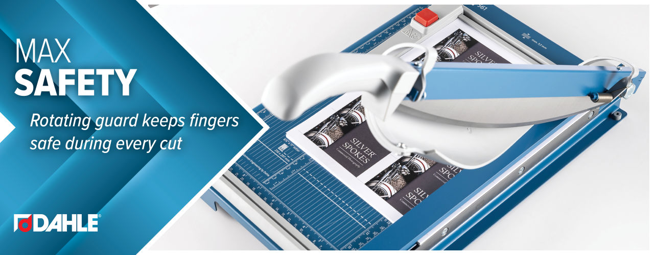 Dahle 561 Guillotine- Rotating protective guard keeps fingers safe and prevents injury.