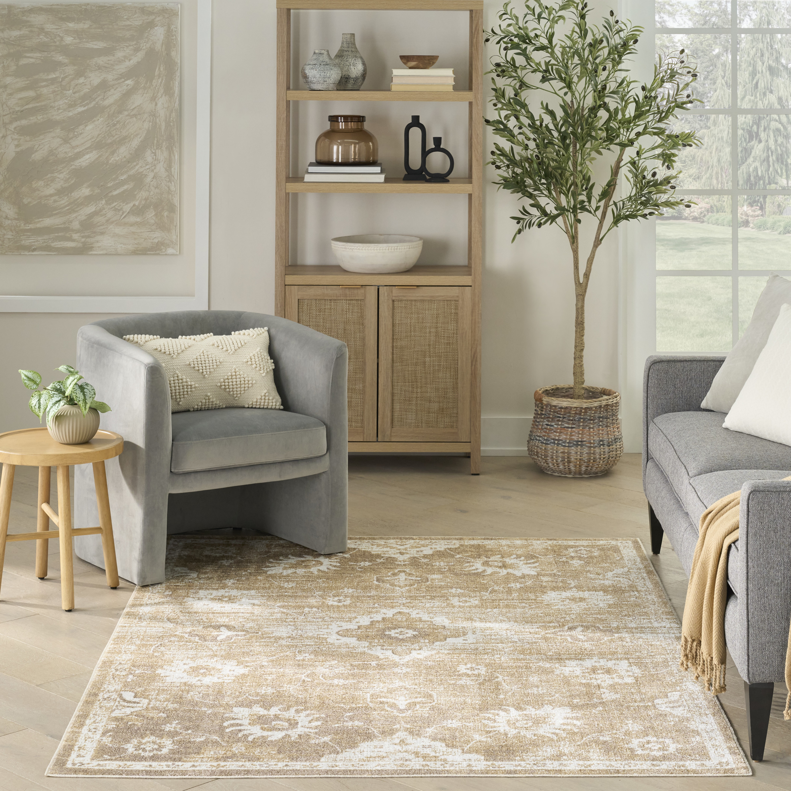 Nourison Astra Machine Washable 5'3" x 7' Ivory Gold Vintage Indoor Rug