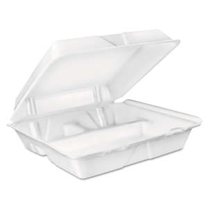 Dart, Foam Hinged Lid Container, 3-Compartment, 8 oz, 9" x 9.4" x 3", White