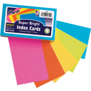 Index Cards, 5 Super Bright Assorted Colors, Unruled, 3" x 5", 100 Cards
