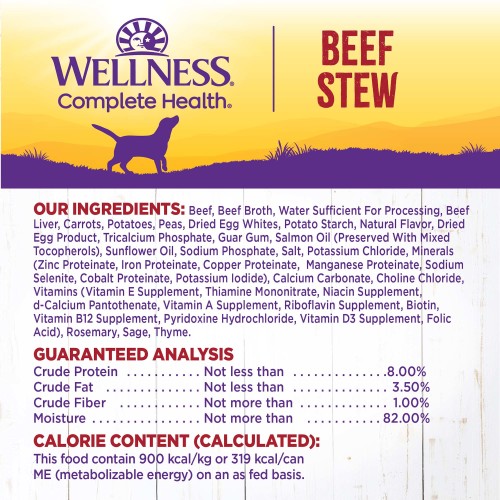 <p>Beef, Beef Broth, Water Sufficient for Processing, Beef Liver, Carrots, Potatoes, Peas, Dried Egg Product, Potato Starch, Natural Flavor, Guar Gum, Sodium Phosphate, Salt, Potassium Chloride, Tricalcium Phosphate, Calcium Carbonate, Minerals (Zinc Proteinate, Iron Proteinate, Copper Proteinate, Manganese Proteinate, Sodium Selenite, Cobalt Proteinate, Potassium Iodide), Choline Chloride, Vitamins (Vitamin E Supplement, Thiamine Mononitrate, Niacin Supplement, d-Calcium Pantothenate, Vitamin A Supplement, Riboflavin Supplement, Biotin, Vitamin B12 Supplement, Pyridoxine Hydrochloride, Vitamin D3 Supplement, Folic Acid), Sunflower Oil, Salmon Oil (Preserved With Mixed Tocopherols), Rosemary, Sage, Thyme.</p>
