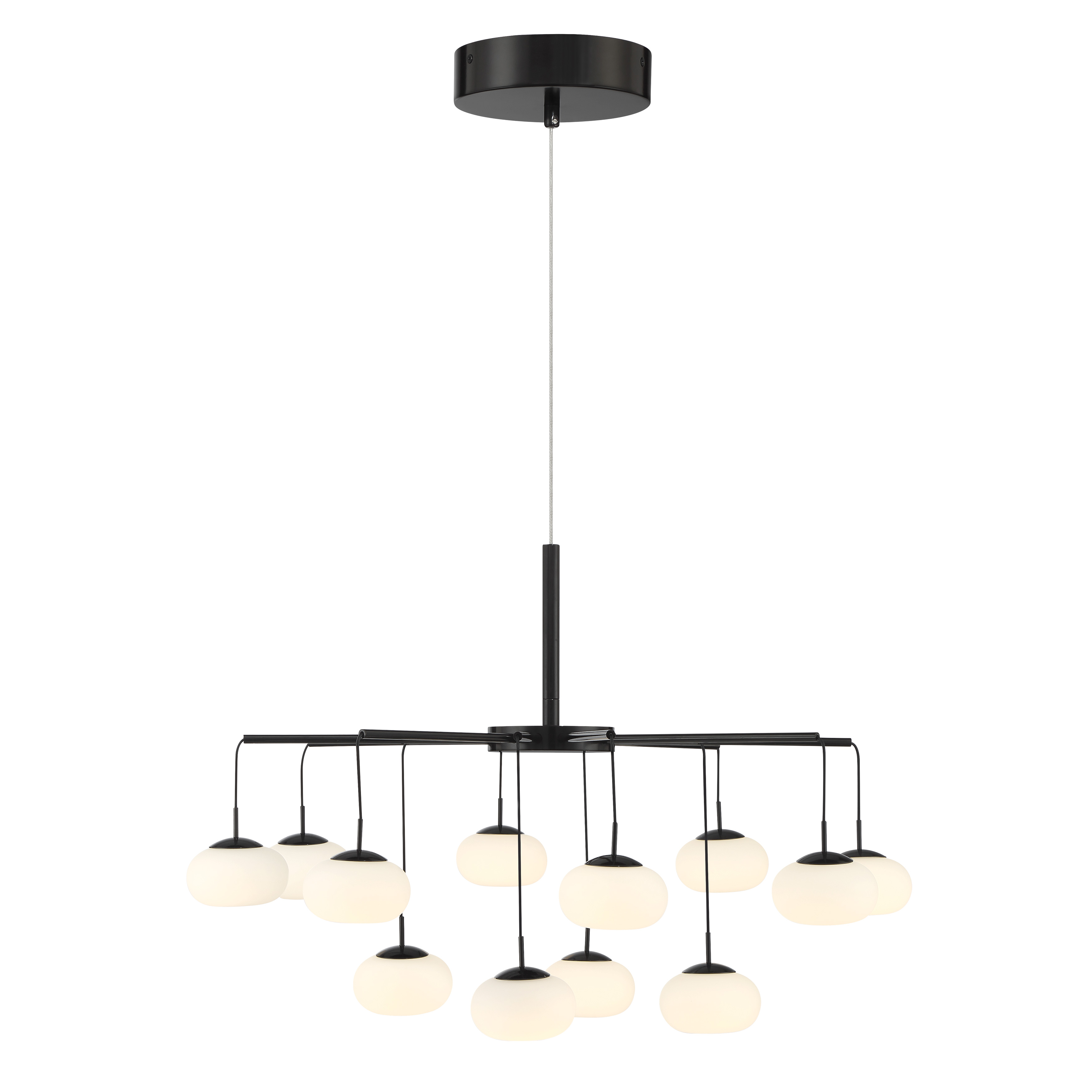 The George's Web chandelier combines modern artistry with warm metallic tones. Its 25.5-inch diameter and dual-mount capability make it versatile for various ceiling heights, while the etched white glass diffuses 2505 lumens of dimmable LED light. - alternate view