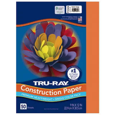 Tru-Ray Premium Heavyweight Construction Paper, Electric Orange, 9"x 12", 50 Sheets