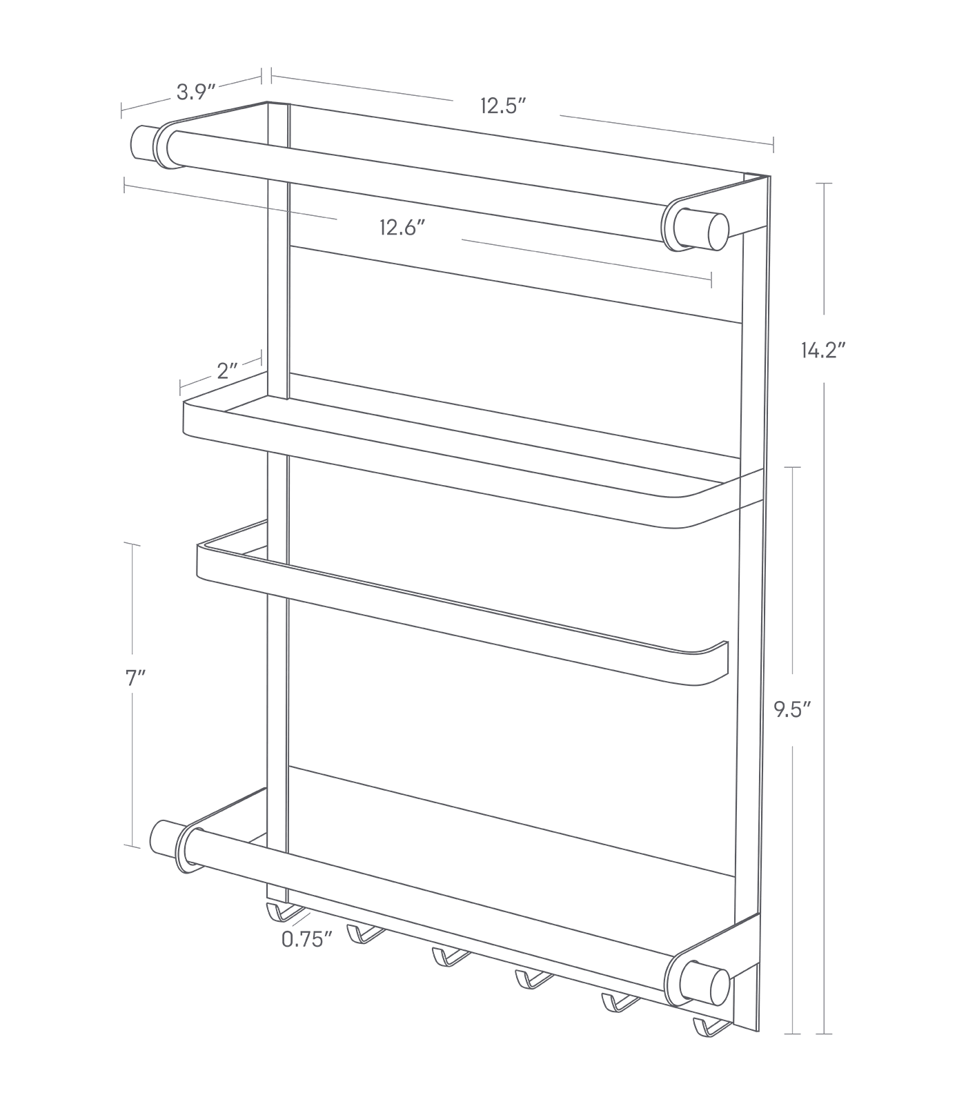 Dimension image of Magnetic Kitchen Organizer by Yamazaki Home with a total height of 14.2 inches, dowel width of 12.6 inches, frame width of 12.5 inches, depth of 3.0 inches, and bottom hook length of 0.75 inches. The metal bars protrude by 2 inches from the rack, and the length between the bottom dowel and bottom metal bar is 7 inches.