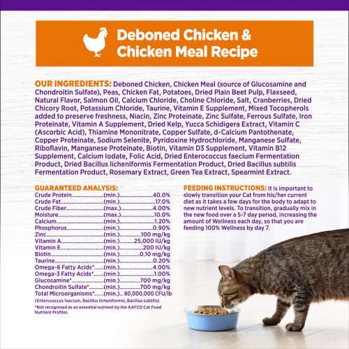 <p>Deboned Chicken, Chicken Meal (source of Glucosamine and Chondroitin Sulfate), Peas, Chicken Fat, Potatoes, Dried Plain Beet Pulp, Flaxseed, Natural Flavor, Salmon Oil, Calcium Chloride, Choline Chloride, Salt, Cranberries, Dried Chicory Root, Potassium Chloride, Taurine, Vitamin E Supplement, Mixed Tocopherols added to preserve freshness, Niacin, Zinc Proteinate, Zinc Sulfate, Ferrous Sulfate, Iron Proteinate, Vitamin A Supplement, Dried Kelp, Yucca Schidigera Extract, Vitamin C (Ascorbic Acid), Thiamine Mononitrate, Copper Sulfate, d-Calcium Pantothenate, Copper Proteinate, Sodium Selenite, Pyridoxine Hydrochloride, Manganese Sulfate, Riboflavin, Manganese Proteinate, Biotin, Vitamin D3 Supplement, Vitamin B12 Supplement, Calcium Iodate, Folic Acid, Dried Enterococcus faecium Fermentation Product, Dried Bacillus licheniformis Fermentation Product, Dried Bacillus subtilis Fermentation Product, Rosemary Extract, Green Tea Extract, Spearmint Extract.<br />
This is a naturally preserved product<br />
Manufactured in a facility that also processes grains									</p>
