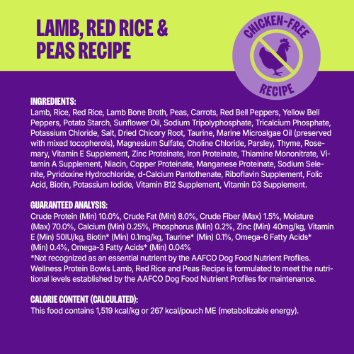 <p>Lamb, Rice, Red Rice, Lamb Bone Broth, Peas, Carrots, Red Bell Peppers, Yellow Bell Peppers, Potato Starch, Sunflower Oil, Sodium Tripolyphosphate, Tricalcium Phosphate, Potassium Chloride, Salt, Dried Chicory Root, Taurine, Marine Microalgae Oil (preserved with mixed tocopherols), Magnesium Sulfate, Choline Chloride, Parsley, Thyme, Rosemary, Vitamin E Supplement, Zinc Proteinate, Iron Proteinate, Thiamine Mononitrate, Vitamin A Supplement, Niacin, Copper Proteinate, Manganese Proteinate, Sodium Selenite, Pyridoxine Hydrochloride, d-Calcium Pantothenate, Riboflavin Supplement, Folic Acid, Biotin, Potassium Iodide, Vitamin B12 Supplement, Vitamin D3 Supplement.</p>
