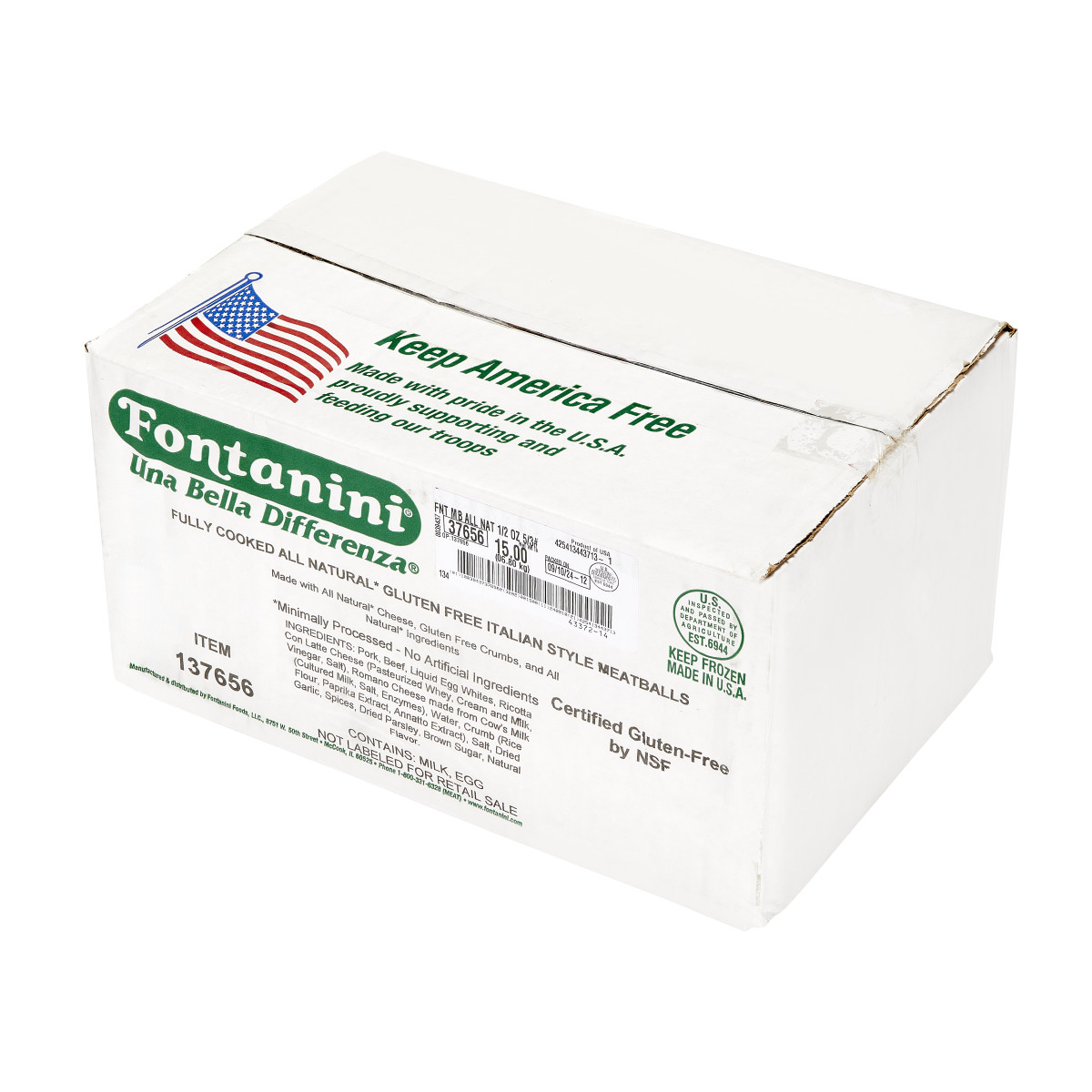 FONTANINI(r) Meatball, All Natural, Gluten Free, Cooked, 1/2 oz, 5/3 lb . C1RA - Front Right Closed Case (Hi Res)