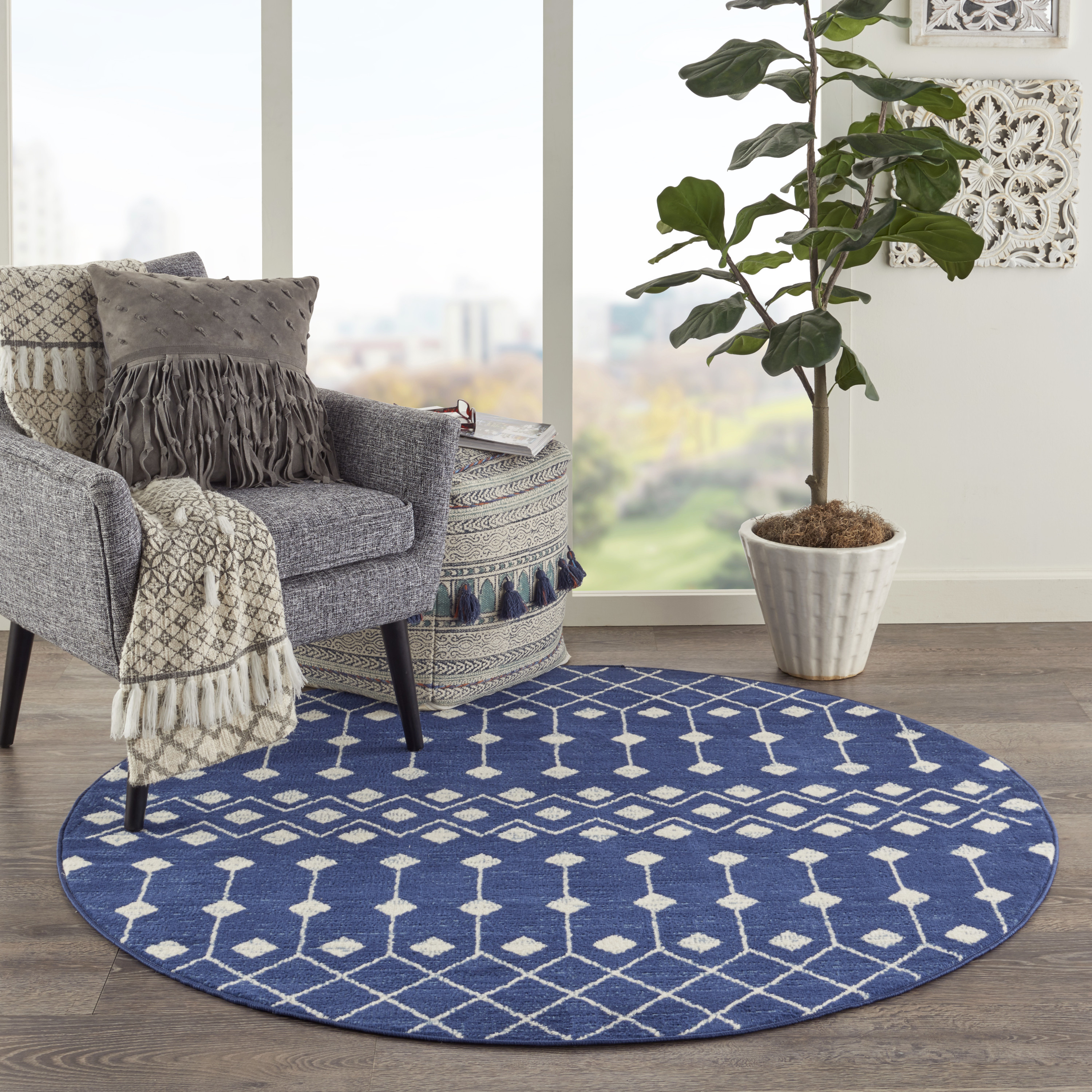 Nourison Grafix 5'3" x Round Navy Bohemian Indoor Rug