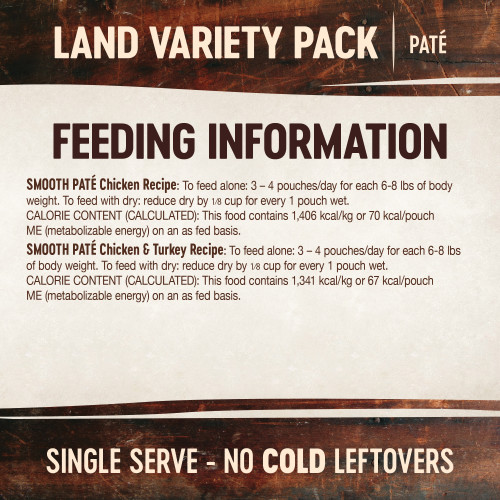<p>To feed alone: 3 – 4 pouches/day for each 6-8 lbs of body weight. To feed with dry: reduce dry by ⅛ cup for every 1 pouch wet.</p>
