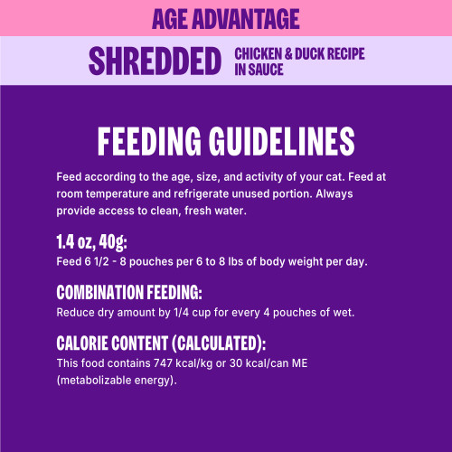 <p>Feed according to the age, size, and activity of your cat. Feed at room temperature and refrigerate unused portion. Always provide access to clean, fresh water. </p>
<p>1 Pouch = 1.4 oz (40 g)</p>
<p>Feed 6 ½ – 8 pouches per 6 to 8 lbs of body weight per day.<br />
Combination Feeding: Reduce dry amount by ¼ cup for every 4 pouches of wet food.</p>
