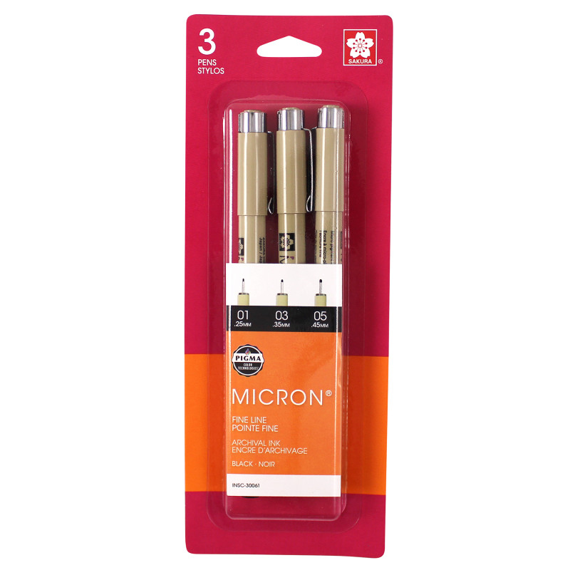 Pigma Micron Pens, Black, Assorted Sizes, 3-Piece Set, Blister Card