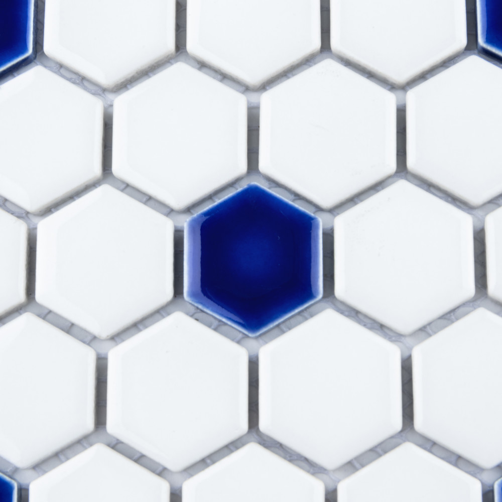 Metro Ion 1″ Hex Sapphire Dot w/Glossy White 10-1/4 in. x 11-7/8 in. Porcelain Mosaic Tile