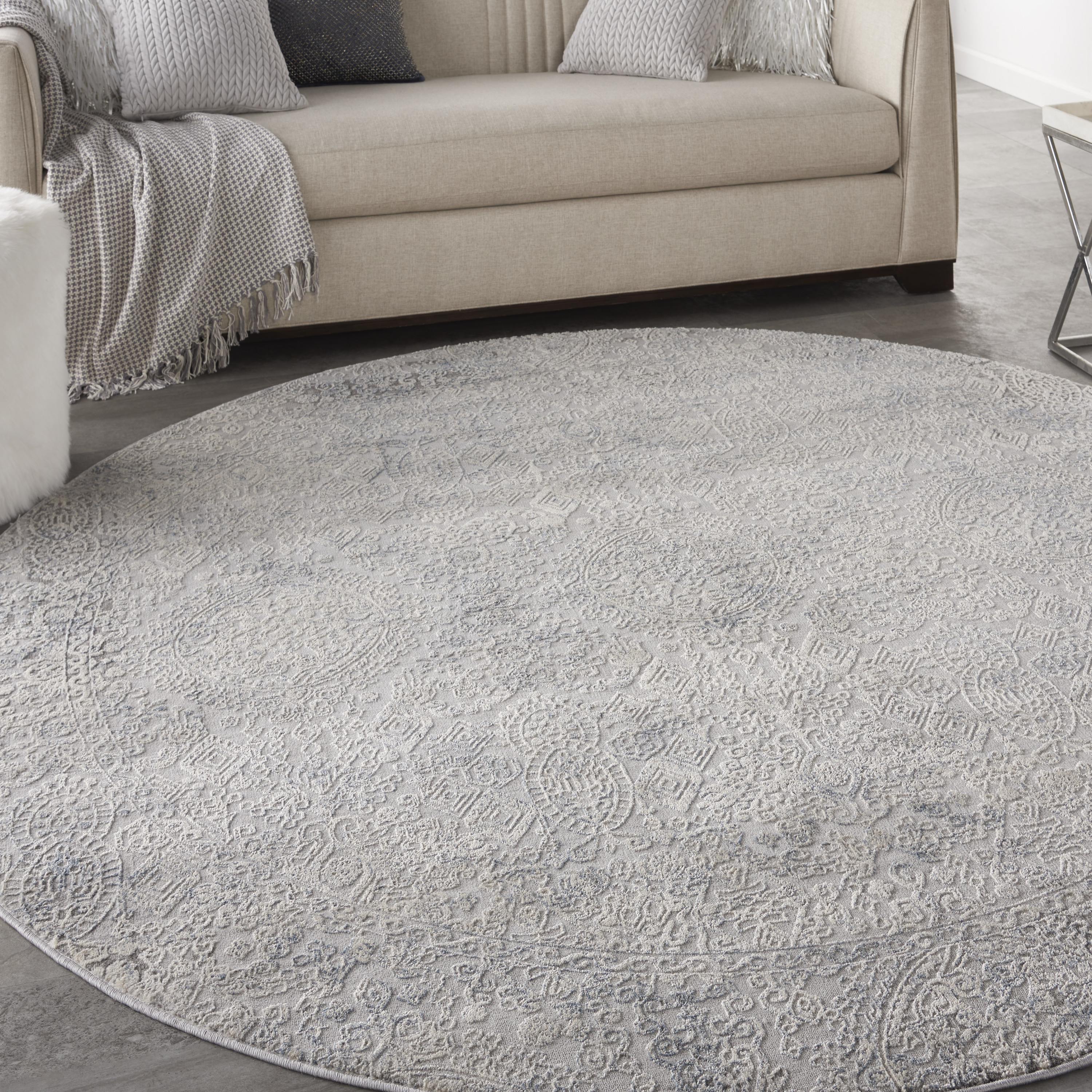 Nourison Rustic Textures 7’10” x Round Ivory Light Blue Vintage Indoor Rug