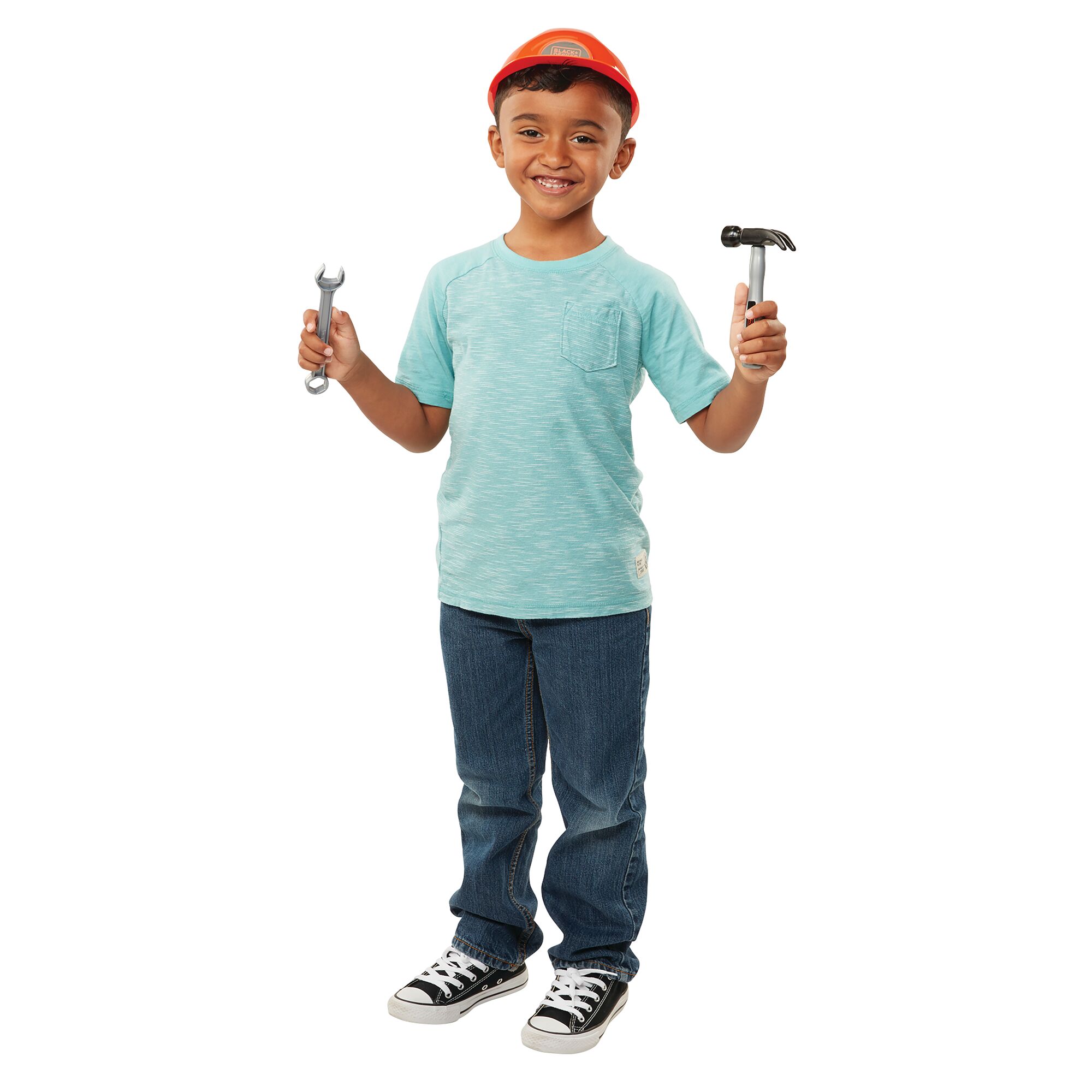 Junior 12 pieces Carpenter Dress Up Set with Toy Tools being held by child in hand.