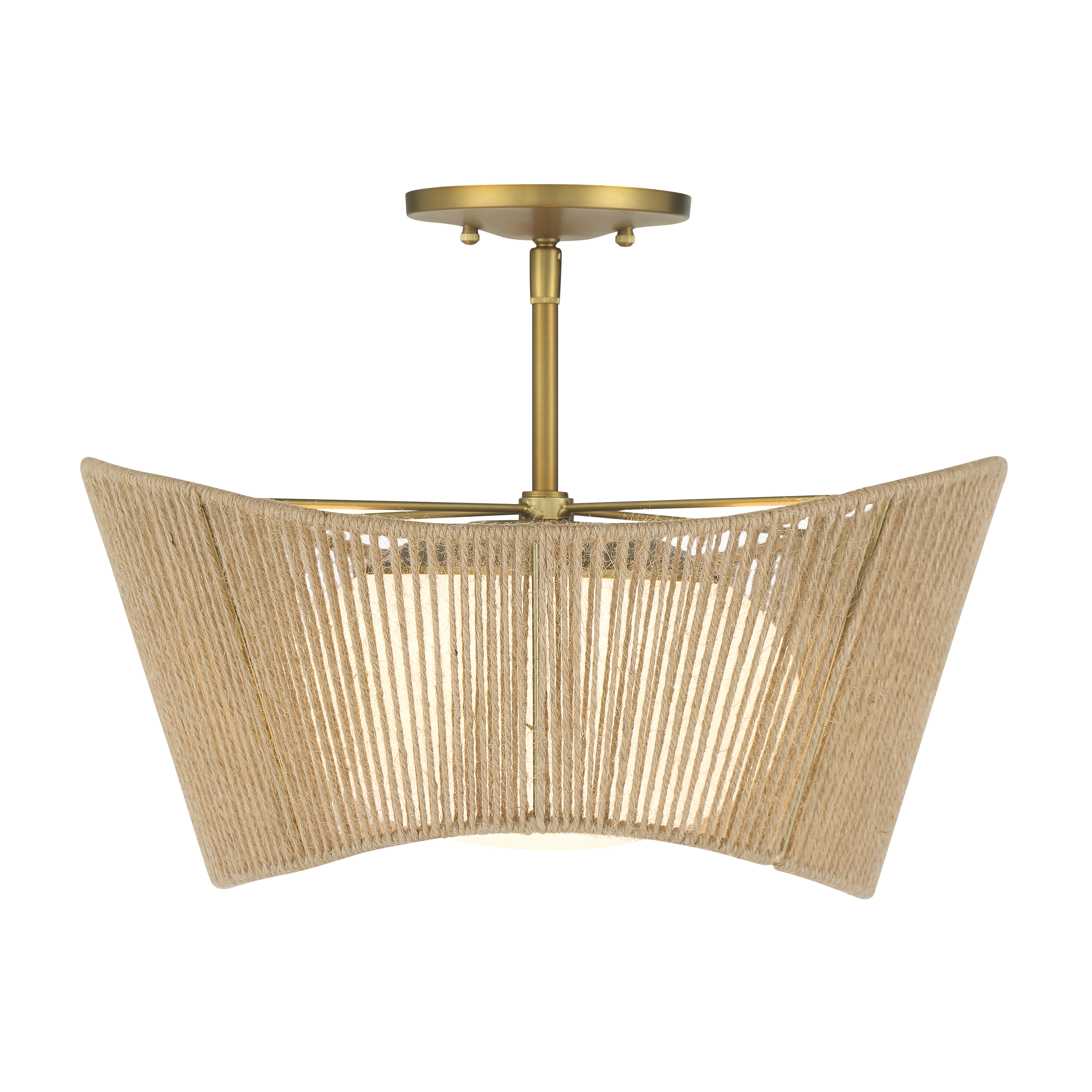 The Key Largo brings nautical charm to any space with its soft brass finish, etched opal glass, and rope accent. Perfect for low ceilings, this compact semi-flush delivers warm, diffused light ideal for bedrooms and bathrooms. - alternate view