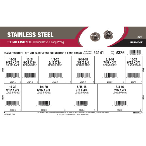 Stainless Steel Tee Nuts Fasteners Assortment (Round Base & Long Prong)