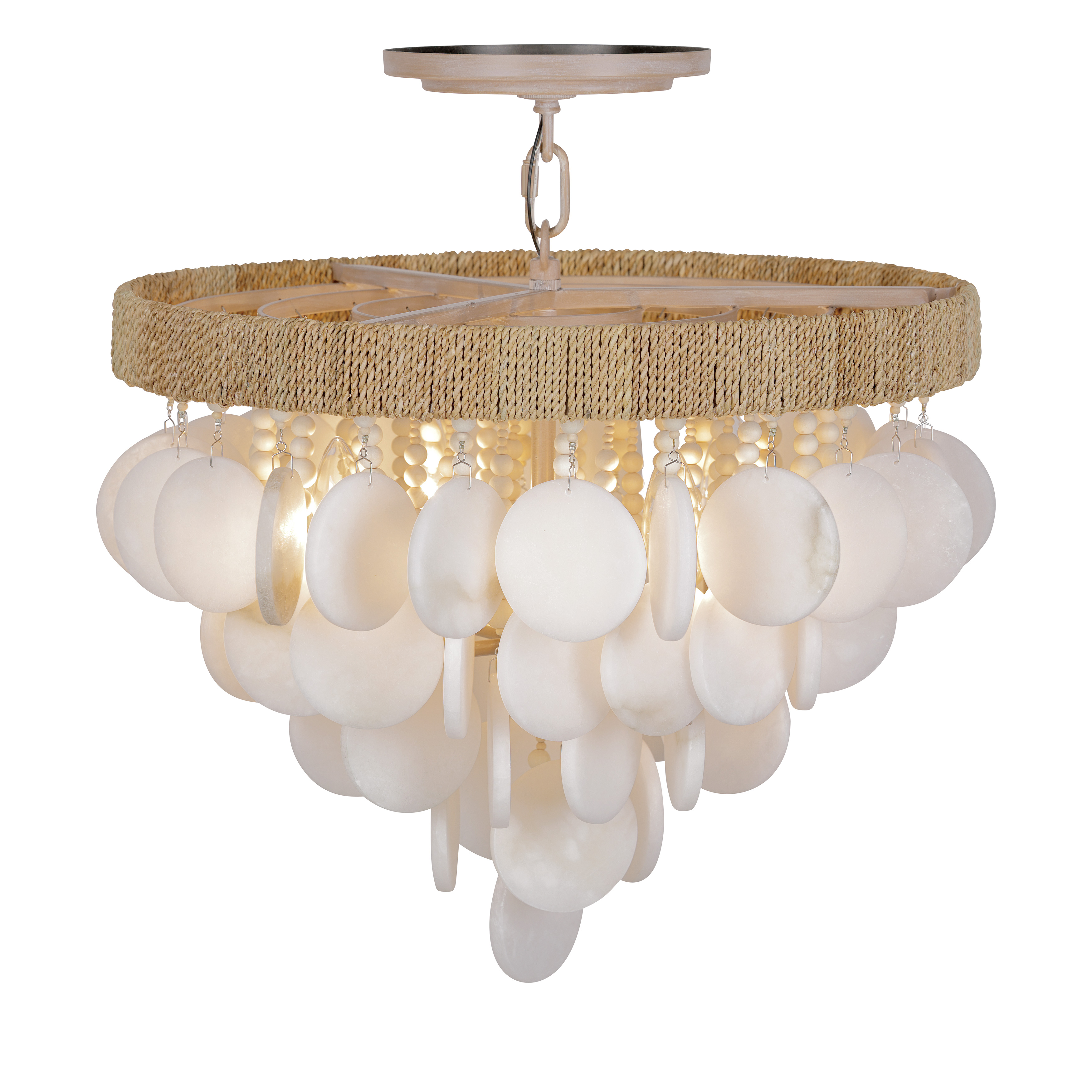 The Aurelia's Cove brings beachy elegance to any space with its unique combination of alabaster stone, natural coco beads, and rope accents. Perfect for coastal or organic modern interiors seeking warmth and texture. - alternate view