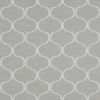 Gray wallpaper with white interlocking ogee motifs and subtle linen texture; covering a flat wall surface in a continuous repeating pattern; evenly lit, neutral interior or fabric sample.