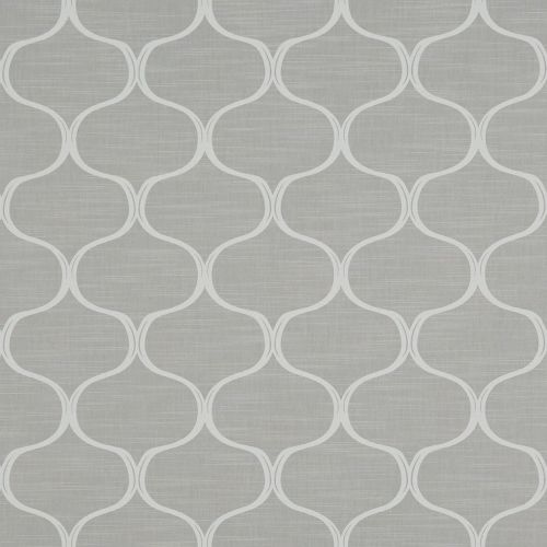 Gray wallpaper with white interlocking ogee motifs and subtle linen texture; covering a flat wall surface in a continuous repeating pattern; evenly lit, neutral interior or fabric sample.