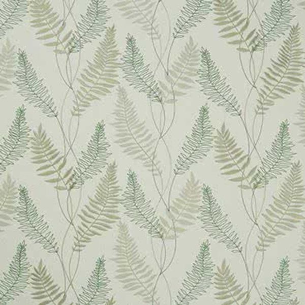 Object—botanical wallpaper with repeating fern fronds; Action—fronds overlap and run vertically, covering the wall; Context—pale green/sage muted palette evokes a calm, nature‑themed interior.