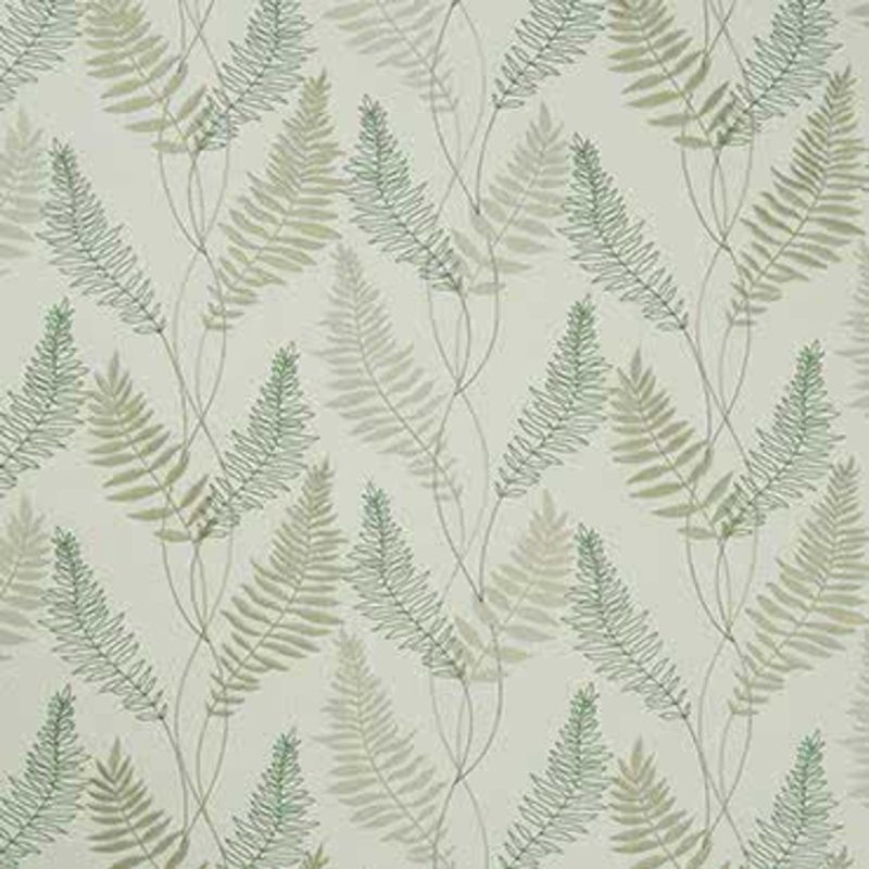Objectâ€”botanical wallpaper with repeating fern fronds; Actionâ€”fronds overlap and run vertically, covering the wall; Contextâ€”pale green/sage muted palette evokes a calm, natureâ€‘themed interior.