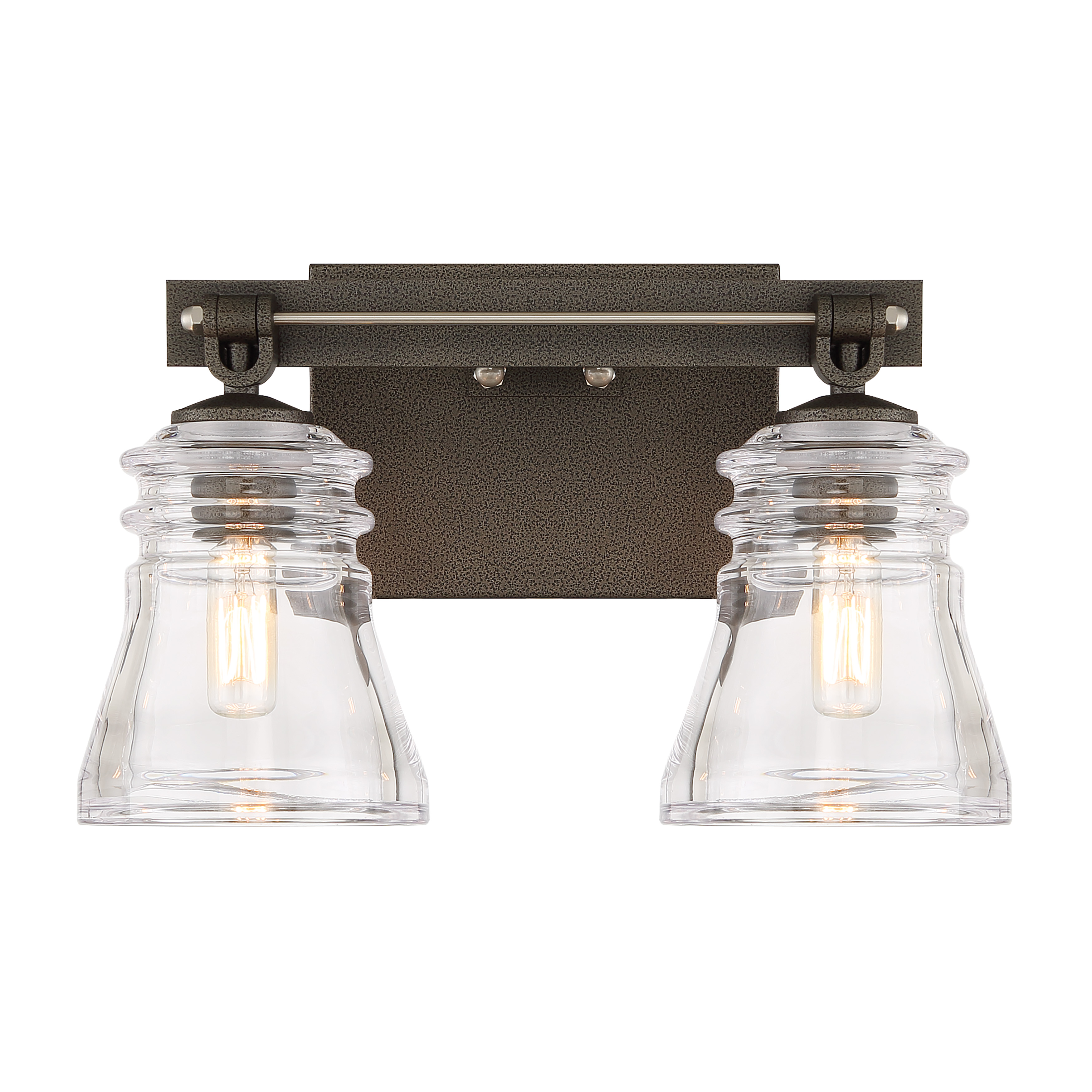 The Graham Avenue 2-Light Bath combines traditional elegance with modern functionality. Its mixed metal finish of smoked iron and brushed nickel creates visual interest, while clear pressed glass shades provide ample illumination. - alternate view