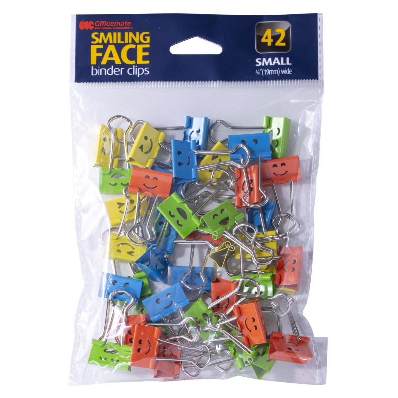 Smiling Face Binder Clips, Small, Assorted Colors, Pack of 42