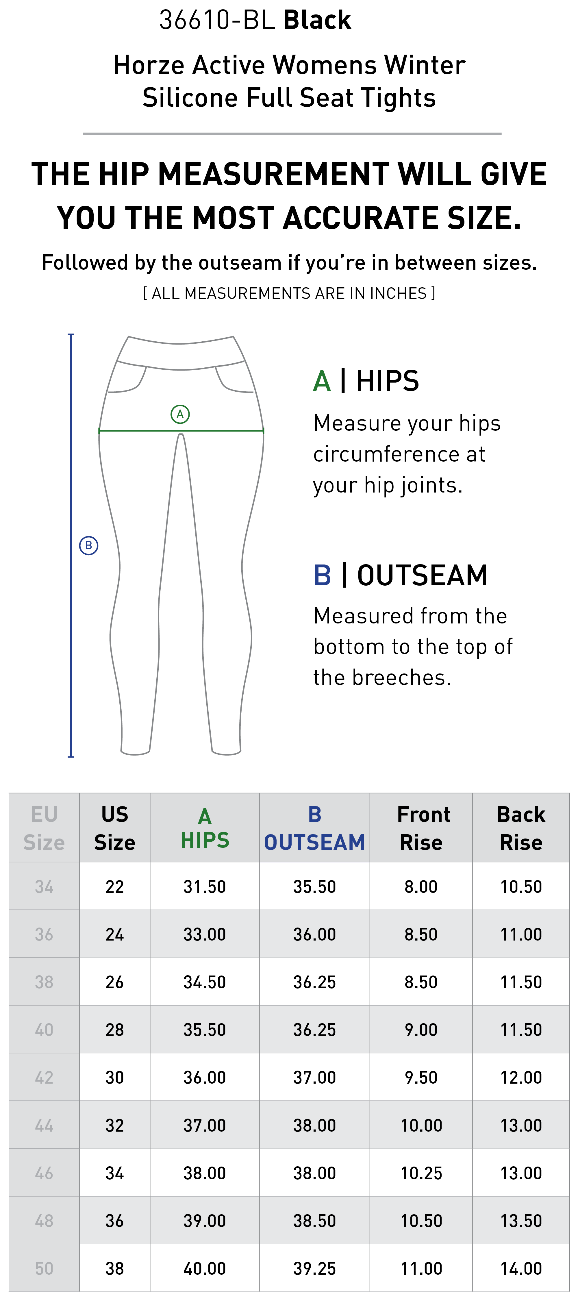 Size chart for Horze Active Womens Winter Silicone Full Seat Tights - Black