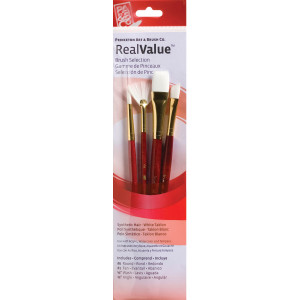 RealValue Brush Set, White Taklon Bristles, Short Handle Mixed Media Paintbrush, Red, 4 Pieces
