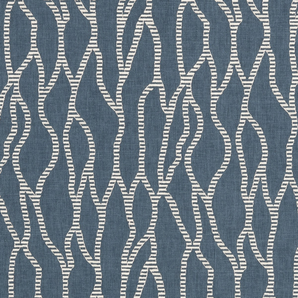 Woven textile featuring repeating vertical, meandering white striped lines with a stitched look — covering the surface against a muted denim-blue background in a flat, close-up, evenly lit view.