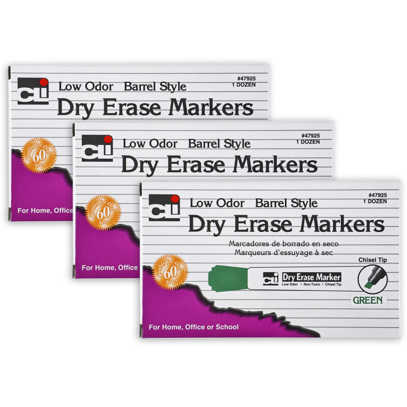 Dry Erase Markers, Barrel Style, Chisel Tip, Green, 12 Per Box, 3 Boxes