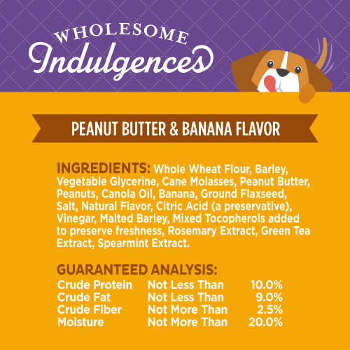 <p>Whole Wheat Flour, Barley, Vegetable Glycerine, Cane Molasses, Peanut Butter, Peanuts, Canola Oil, Banana, Ground Flaxseed, Salt, Natural Flavors, Citric Acid (a preservative), Vinegar, Malted Barley, Mixed Tocopherols added to preserve freshness, Rosemary Extract, Green Tea Extract, Spearmint Extract.</p>
<p>This is a naturally preserved product									</p>
