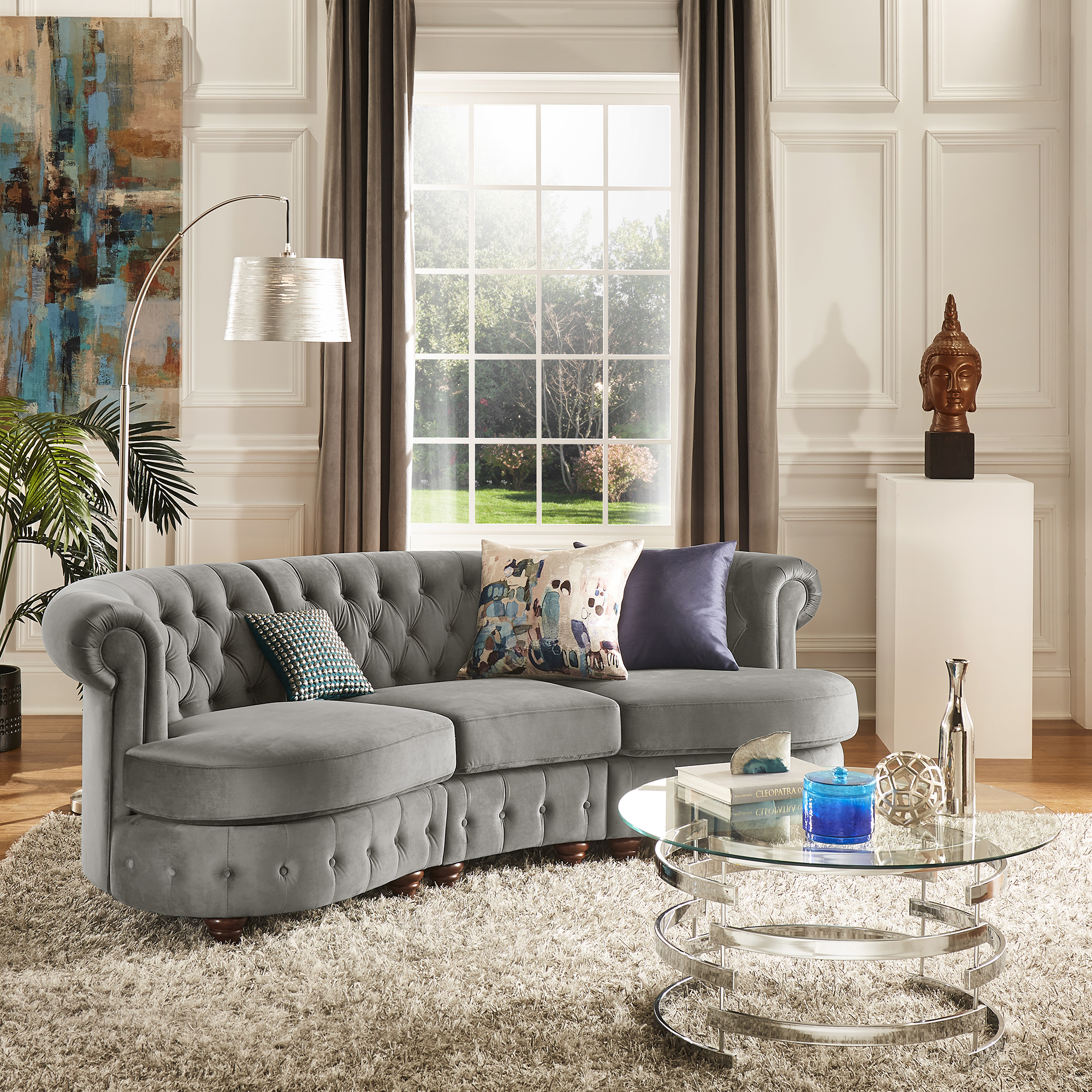 Tufted Scroll Arm Chesterfield Curved Sofa