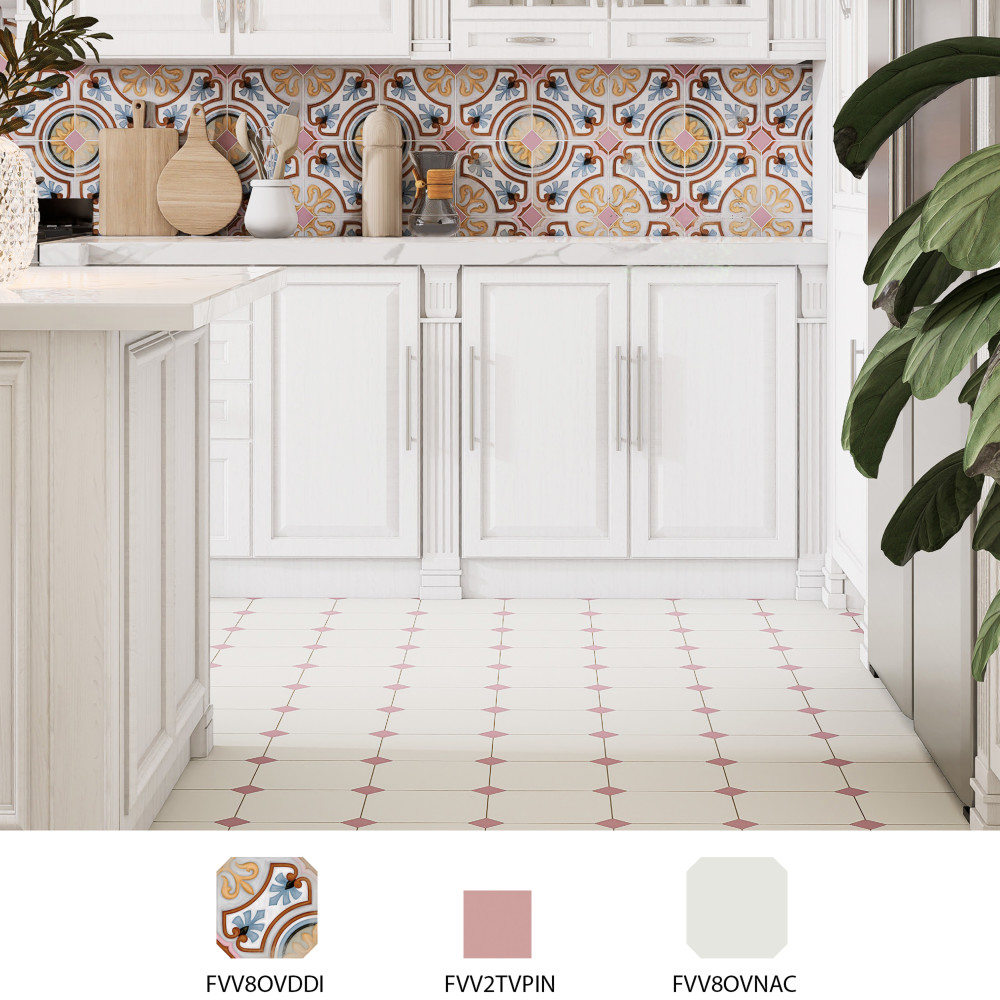 Vaudeville Octagon Deco Diglas with Taco Pink 7-7/8 in. x 7-7/8 in. Porcelain Floor and Wall Tile