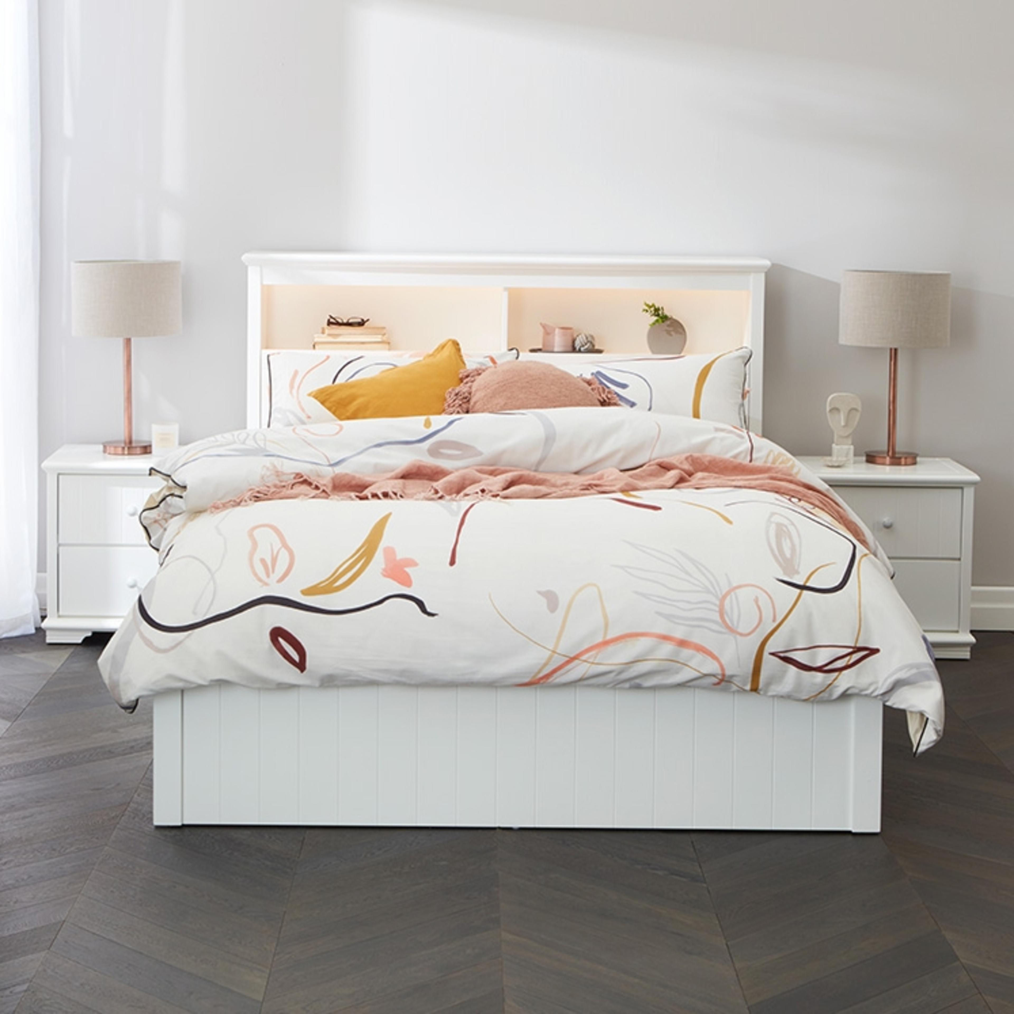 Lifestyle image of the  Bella Bed Frame, Front Slat Gas Lift Base, Ivory White from Forty Winks