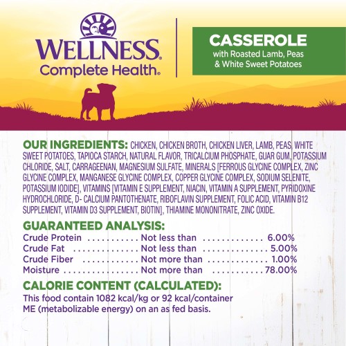 <p>Chicken, Chicken Broth, Chicken Liver, Lamb, Peas, White Sweet Potatoes, Tapioca Starch, Natural Flavor, Tricalcium Phosphate, Guar Gum, Potassium Chloride, Salt, Carrageenan, Magnesium Sulfate, Minerals [Ferrous Glycine Complex, Zinc Glycine Complex, Manganese Glycine Complex, Copper Glycine Complex, Sodium Selenite, Potassium Iodide], Vitamins [Vitamin E Supplement, Niacin, Vitamin A Supplement, Pyridoxine Hydrochloride, d-Calcium Pantothenate, Riboflavin Supplement, Folic Acid, Vitamin B12 Supplement, Vitamin D3 Supplement, Biotin], Thiamine Mononitrate, Zinc Oxide.</p>
