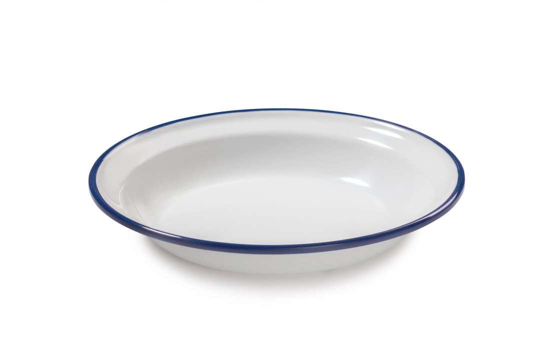 Plato hondo de 20 centímetros de melamina en blanco con borde azul