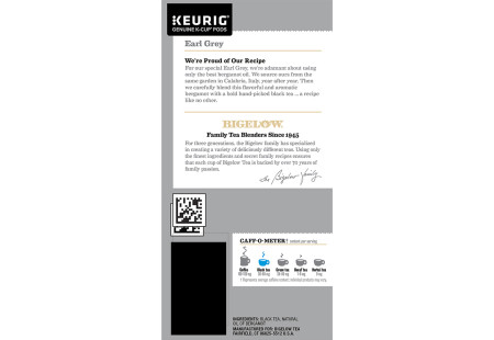 Ingredient panel of Bigelow Earl Grey Black Tea K-Cups box for Keurig
